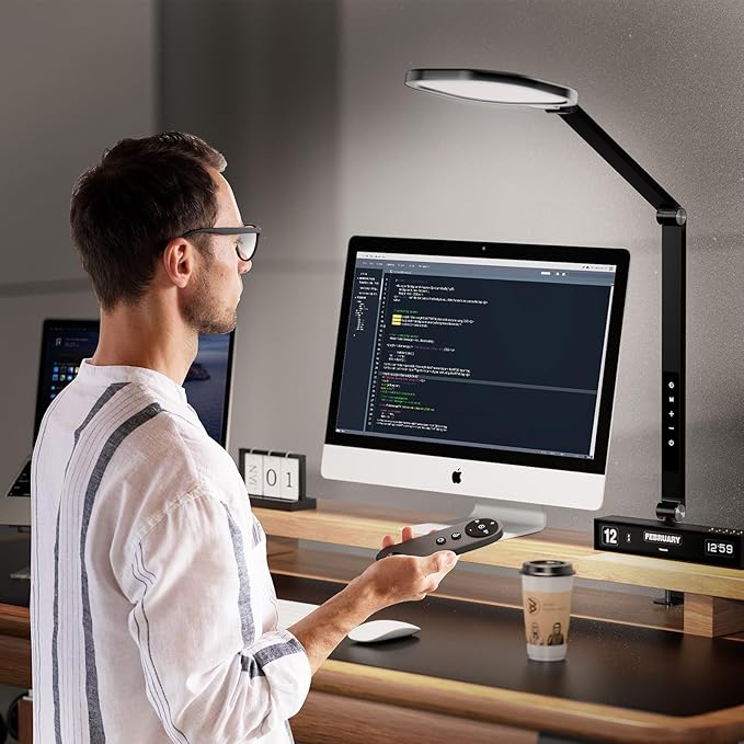 Desk Lamps for Home Office, Eye-Caring Led Desk Light with Clamp, Dimmable Zoom Lighting with 3 Colors & 10 Brightness, Computer Ring Lights for Video Calls,Conference Meeting, Reading, CRI>95