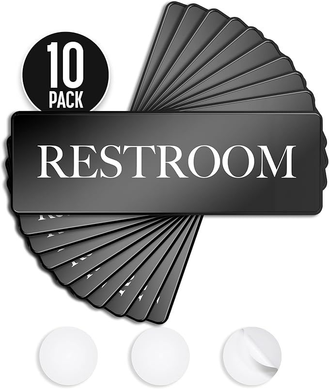 ASSURED SIGNS Restroom Sign - Ideal Bathroom Signs for the Office, Business or Home - 10 Pack - 9" by 3" - Apply to Door or Wall - Nice Bathroom Decor - Strong Double-Sided Adhesives