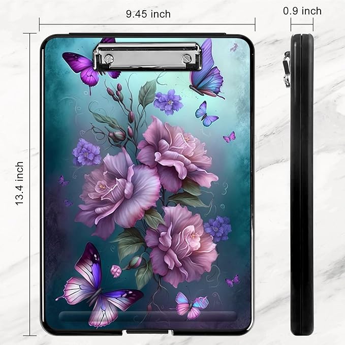 Clipboard with Storage,Plastic Storage Clipboard with Low Profile Clip, Heavy Duty Nursing Clipboards Foldable,Coaches Clipboard Case for Work, Teacher,Office School Supplies,Pink Butterfly Flower