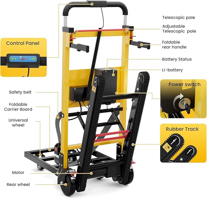 Electric Stair Climbing Dolly, Heavy Duty, Powered Stair Climber Dolly Cart with 6 Wheels Motor Powered for Furniture Logistics Warehouse, Black & Yellow, 120W