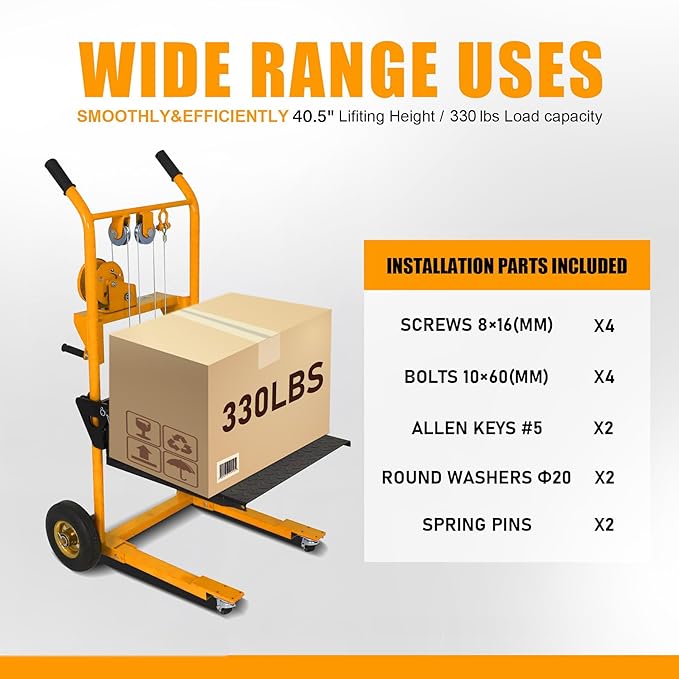 Material Lift Winch Stacker, 330 lbs Capacity Table Cart, 40.5" Lifting Height Manual Forklift Stacker, Pallet Jack Truck Dolly with Swivel Casters and Lift Plate (Yellow)