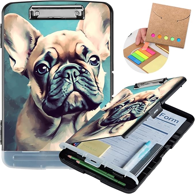 Clipboard with Storage,Heavy Duty Plastic Storage Clipboard with Low Profile Clip,Teacher Must Haves,Office Supplies,French Bulldog