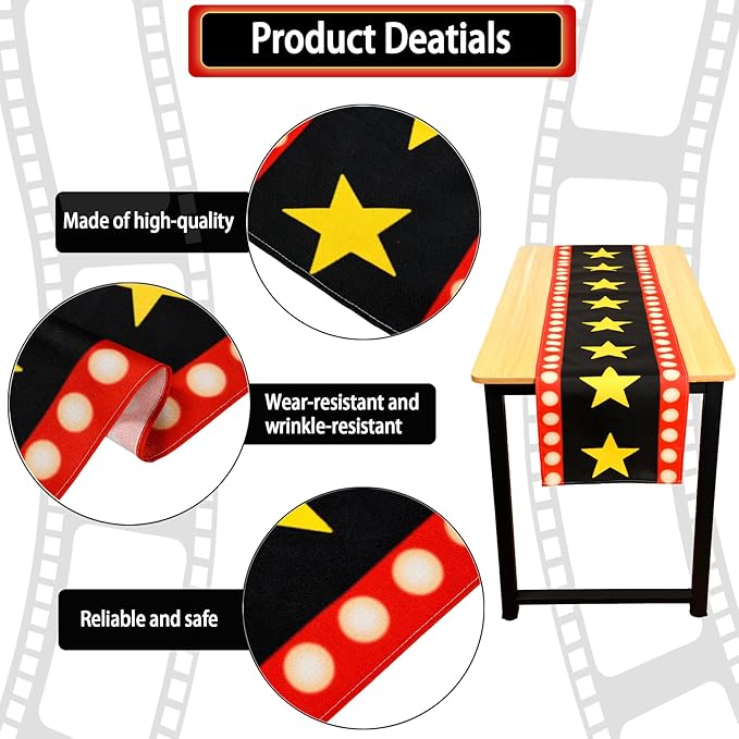 2 Pcs 13 x 72 Inch Movie Night Table Runner with Gold Star Design - Movie Night Black Carpet Decoration for Birthday Party Supplies （Black）