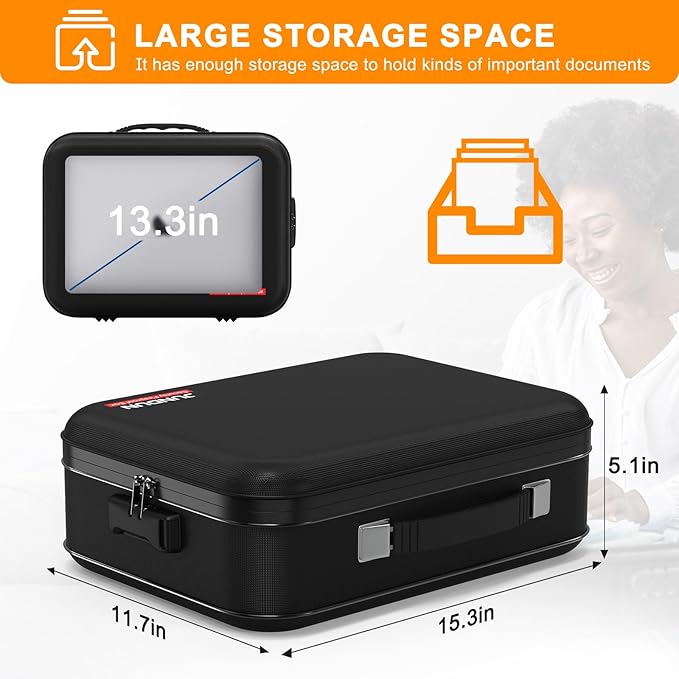 JUNDUN Fireproof Document Box,Hard Case Fireproof Document Organizer with Lock，Home Travel Portable Fireproof Safe Storage Box Case for Letter Size Documents,Files,Papers and Passport,Black