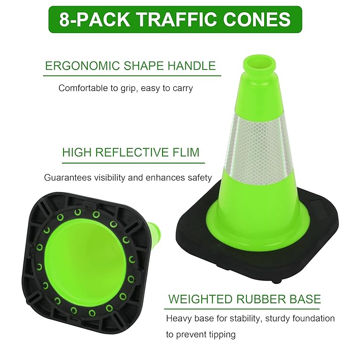 OrangeStar 8 Pack 12" Green Traffic Safety Cones, PVC Parking Construction Cones w/Reflective Collar, Heavy Duty Base for Driving Practice, Parking Lots and Roadwork