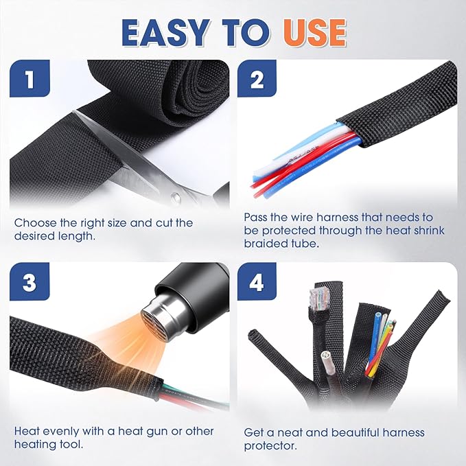2:1 Heat shrinkable Braided Sleeving Fabric Wire Loom High Temp Heat Shrink Wiring Harness Abrasion Protector Cable Sleeve (1"-48ft)