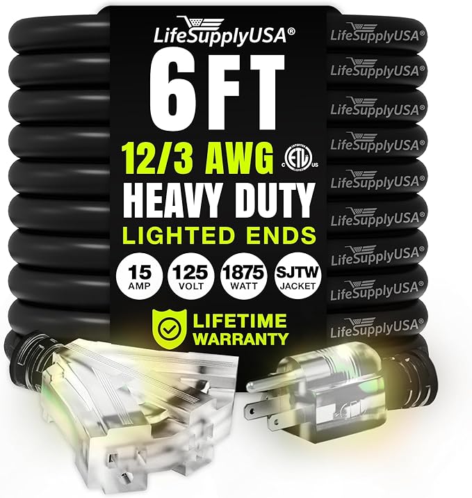 6ft Outdoor/Indoor Extension Cord 3-Outlet 12/3 Gauge Extra Heavy Duty ETL Listed, 3 Prong SJTW, Waterproof, Flexible Cold-Resistant Long Power Cord,15A 125V 1875W, Black by LifeSupplyUSA