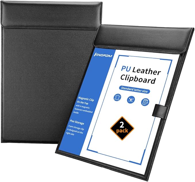 KINGFOM PU Leather Hardboard Office Clipboard, Magnetic Clip A4 Letter Size Clip Boards with Pen Holder for Nurses, Students, Teacher Black 2 Pack