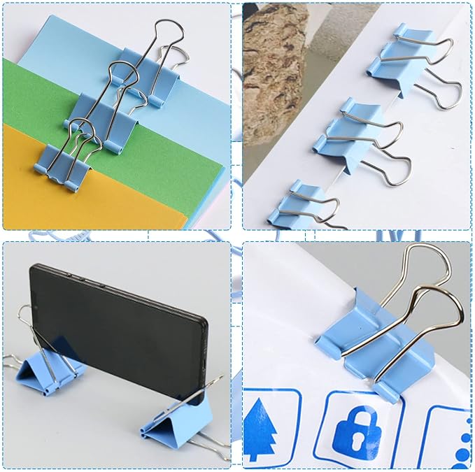 Blue Paper Clips and Binder Clips Set, Metal Assorted Sized Binders with Push Pins, Cute Office Supplies for Desk, Desk Accessories