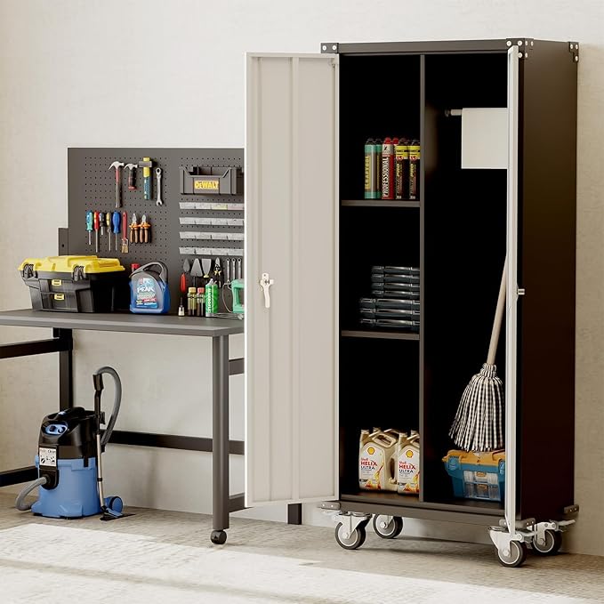 Metal Storage Cabinet with Lock-71 Tall Tool Organizer Steel Lockers w/Hanging Rod Metal Wardrobe Cabinet on Wheels for Home, Office, Warehouse, Garage