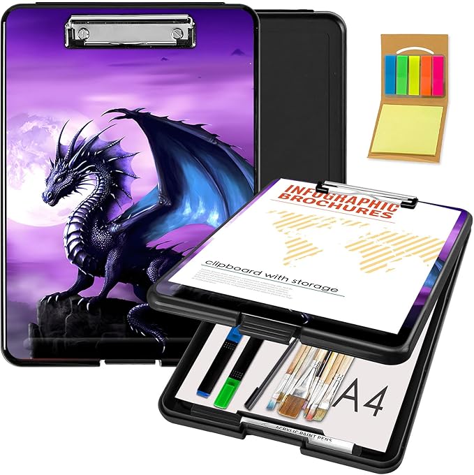 Clipboard with Storage,Office Supplies Nursing Clipboards Folder with Pen Holder Plastic Foldable Clip Board with Storage for Nurse Teacher,Purple Dragon
