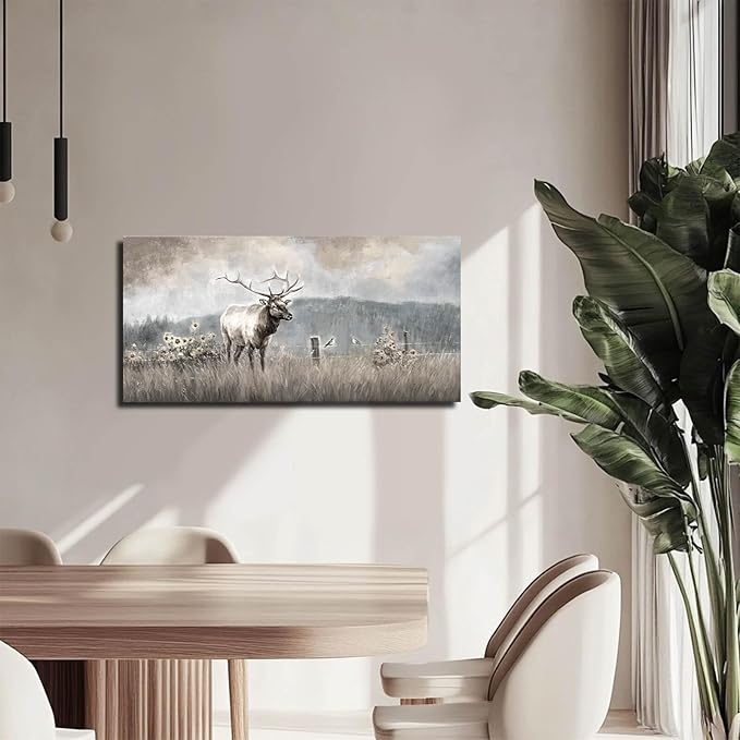 ZHENGYIN Elk & Wildflowers Canvas Wall Art, Western Deer Wildlife Meadow Landscape Artwork, Rustic Neutral Earth Tone Farmhouse Wall Decor for Entryway Bedroom, Over Console, 20x40 Inch