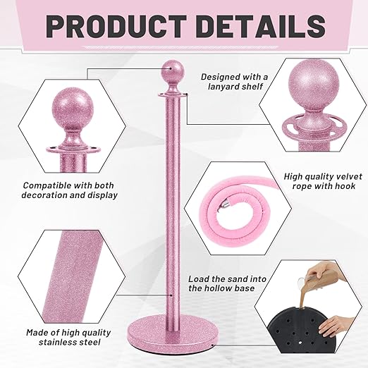 Ferraycle 4 Pcs Stainless Steel Stanchions Post Queue 38 Inch, 5 ft Velvet Carpet Ropes and Pole, Control Barriers for Wedding Birthday Party Decoration Sand Injection Hollow Base Set (Glitter Pink)