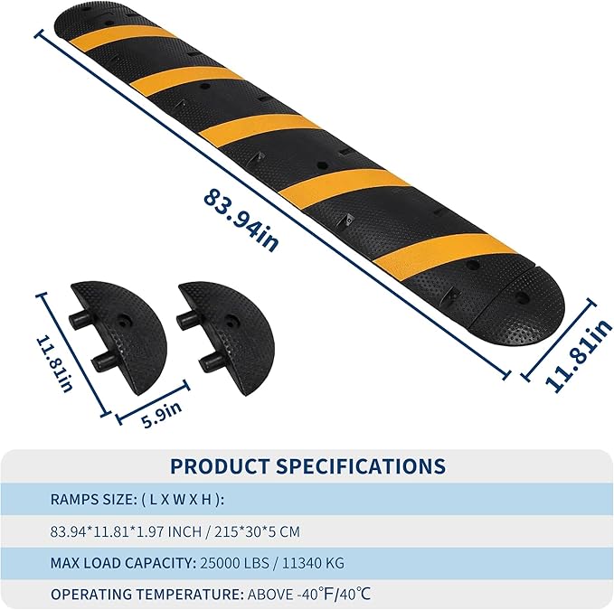 4 Pack 6FT Speed Bumps for Road, Heavy Duty 25,000 Lbs Capacity Traffic Rubber Speed Humps with 2 Channel Floor Cord Cover for Asphalt Concrete Gravel Driveway Road Cable Protector Ramp