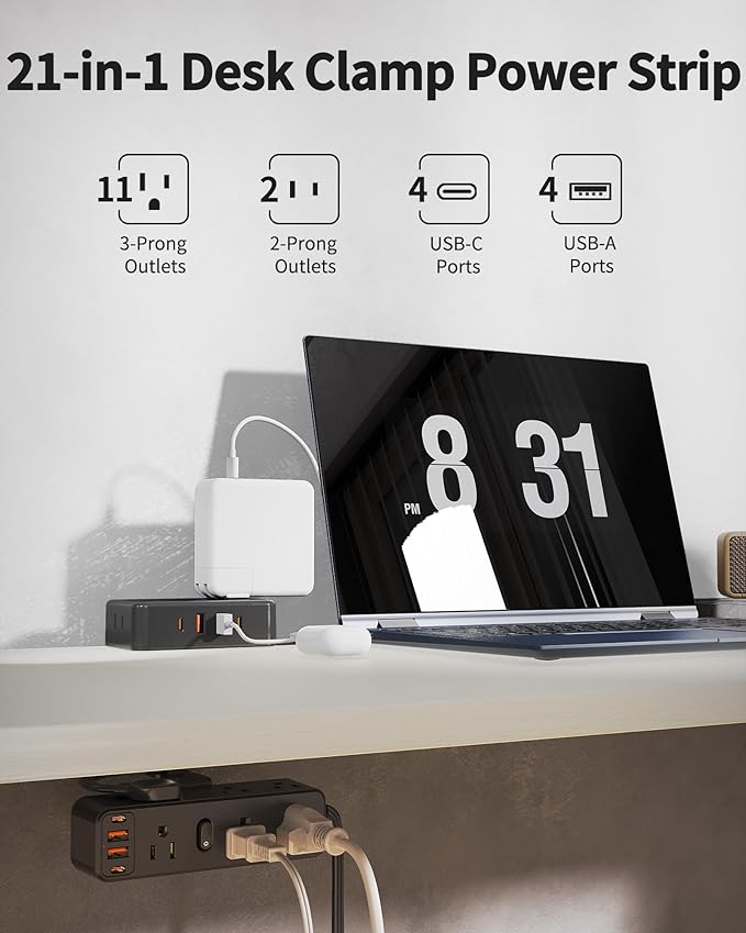 Dual Layer Desk Clamp Power Strip with 13 AC Outlets 8 USB (4 USB C), Fit 2.75" Tabletop, Desktop Edge Mounted Surge Protector (1700J),10 Ft Extension Cord, Desk Outlet for Office Home, Black
