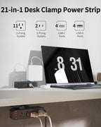 Dual Layer Desk Clamp Power Strip with 13 AC Outlets 8 USB (4 USB C), Fit 2.75" Tabletop, Desktop Edge Mounted Surge Protector (1700J),10 Ft Extension Cord, Desk Outlet for Office Home, Black