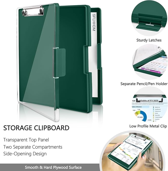Clipboard with Storage,Heavy Duty Clip Boards 8.5x11 with 2 Storage Case,Clear Visible Top Panel Storage Clipboards,Side Opening Clip Boards,Nursing Clipboard Folder Case for Office Supplies-Emerald