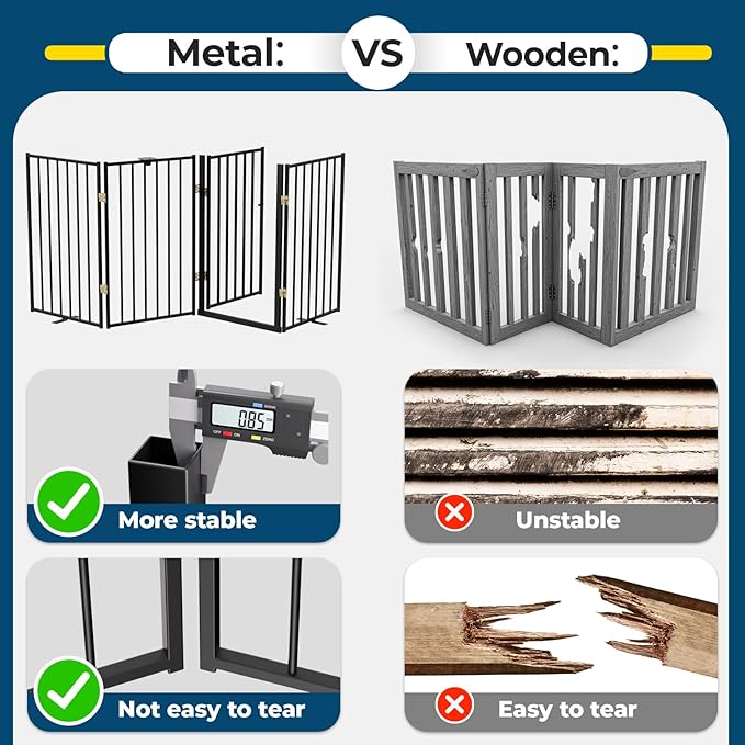 Metal Freestanding Dog Gate Outdoor-4 Panels with Door, Extra Wide Foldable Pet Fence with Pet Monitor Adapter, 32'' Height Tall Dog Gate for Doorways, Stairs, Hallways, Yard, Indoor