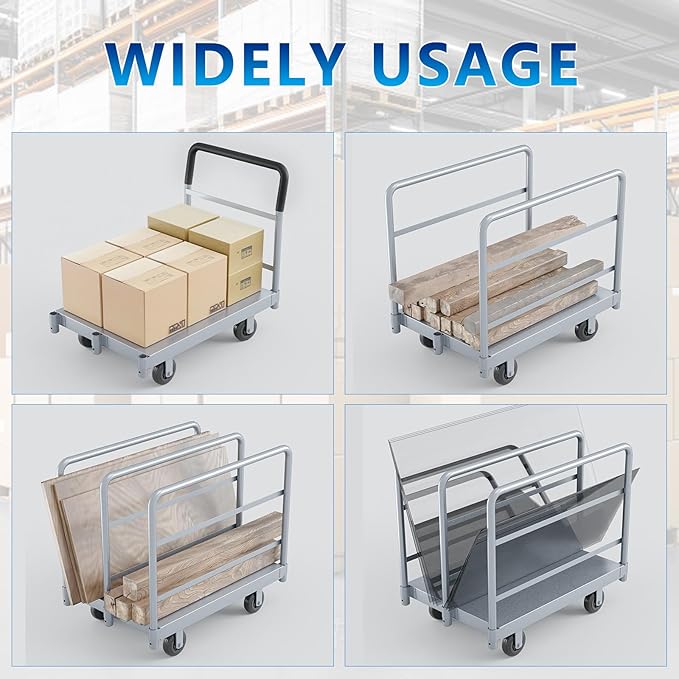 Steel Panel Cart, Lumber Cart with Flexible＆Quiet Wheels, Heavy Duty Drywall cart with 1Front and 3Side Handrails, 2500 LBS Industrial Grade Weight Capacity