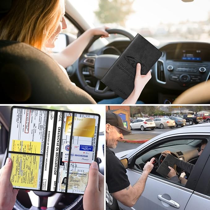 2Pack Leather Car Registration and Insurance Card Holder, Car Document Holder for Cards License with Magnetic Shut (Black)