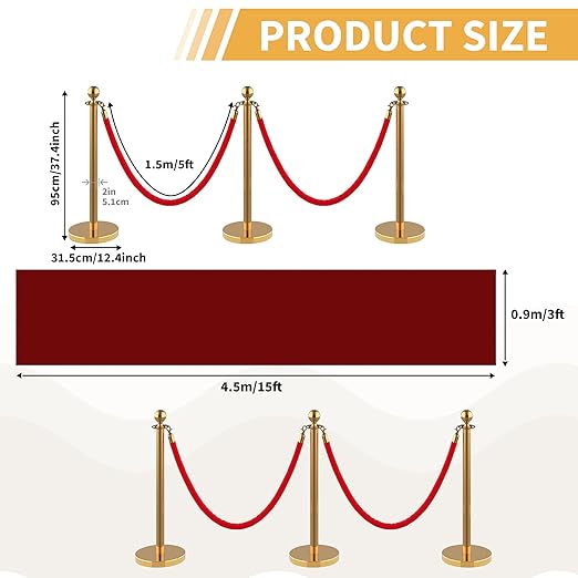 8Pcs Stainless Steel Stanchion Posts with 5ft Red Velvet Ropes - Crowd Control Barriers & Queue Line Kit with 26ft Red Carpet for Wedding, Party, Theater Supplies