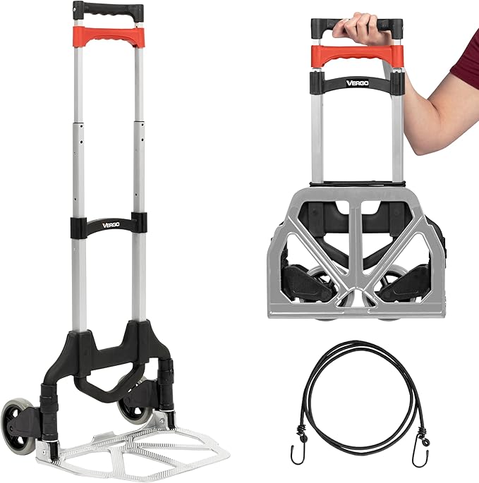 Vergo 100 Ibs Capacity Folding Hand Truck Dolly – Lightweight Aluminum Frame Dolly Cart with 40" Telescoping Handle, Compact Hand Cart with 5” Rubber Wheels - Ideal for Personal Use (S300S)