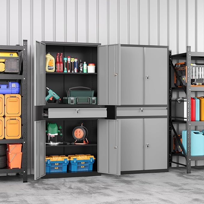 Metal Storage Cabinet with with Drawer, Garage Storage Cabinet with Locking Doors and Adjustable Shelves for Garage, Home Office,Warehouse