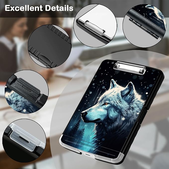 Clipboard with Storage,Office Supplies Nursing Clipboards Folder with Pen Holder Plastic Storage ClipBoard Foldable for Teacher Nurse,Misty Forest Wolf