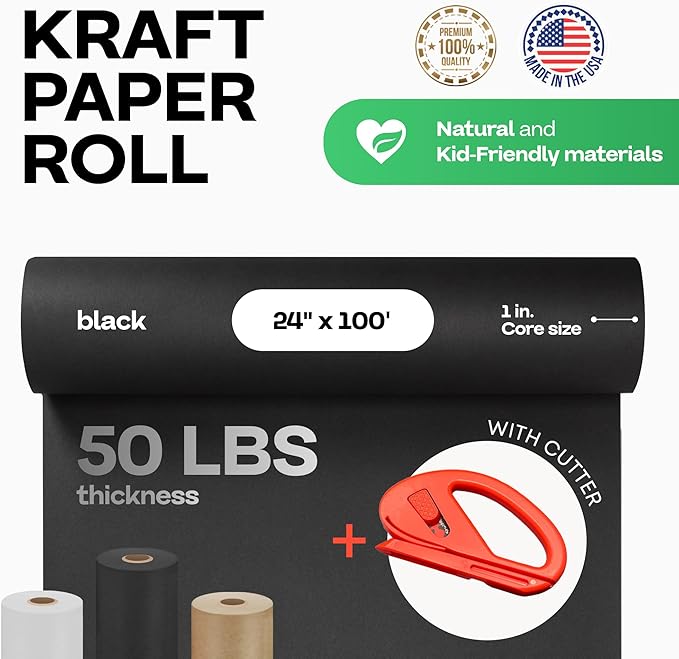 Black Kraft Paper Roll 24" x 1200" (100 feet) with Cutter- USA-Made Wrapping Paper for Packing, Moving, Shipping & Crafts/Arts - 100% Recyclable Natural Craft Material by IDL Packaging
