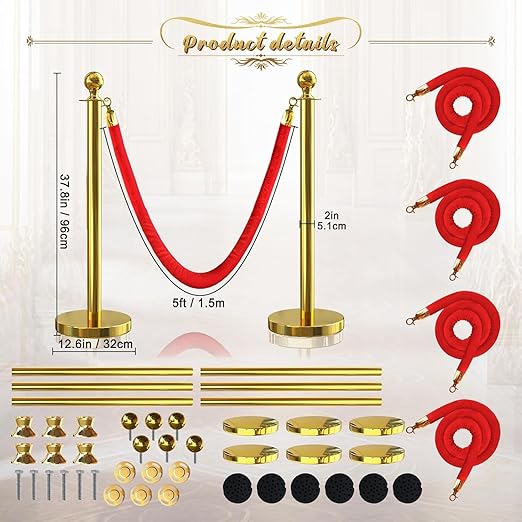 6Pcs Gold Stanchion Post Queue Velvet Ropes and Posts with Soild Base and 4pcs 5 Ft Red Velvet Ropes Carpet Ropes Posts Stanchion Set Crowd Control Barriers for Party Supplies
