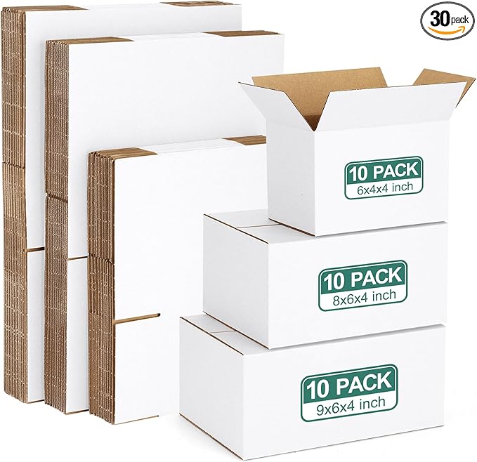 Eupako 30 Pack Small Shipping Boxes Assorted Sizes, White Corrugated Box Mailers, Cardboard Boxes for Packaging Small Business, Mailing, 6x4x4 & 8x6x4 & 9x6x4 10 PCS Each Small Boxes