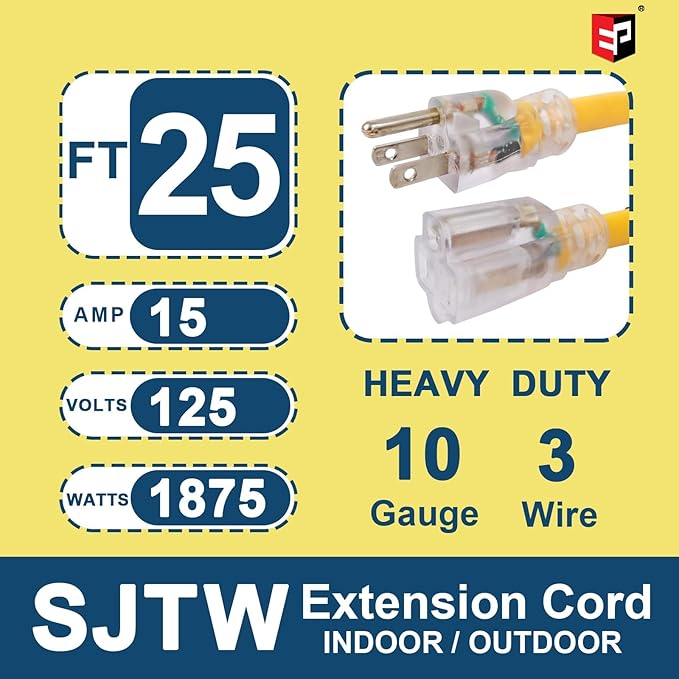 EP 25 Ft Lighted Outdoor Extension Cord - 10/3 SJTW Heavy Duty Yellow Extension Cable with 3 Prong Grounded Plug for Safety, UL Listed
