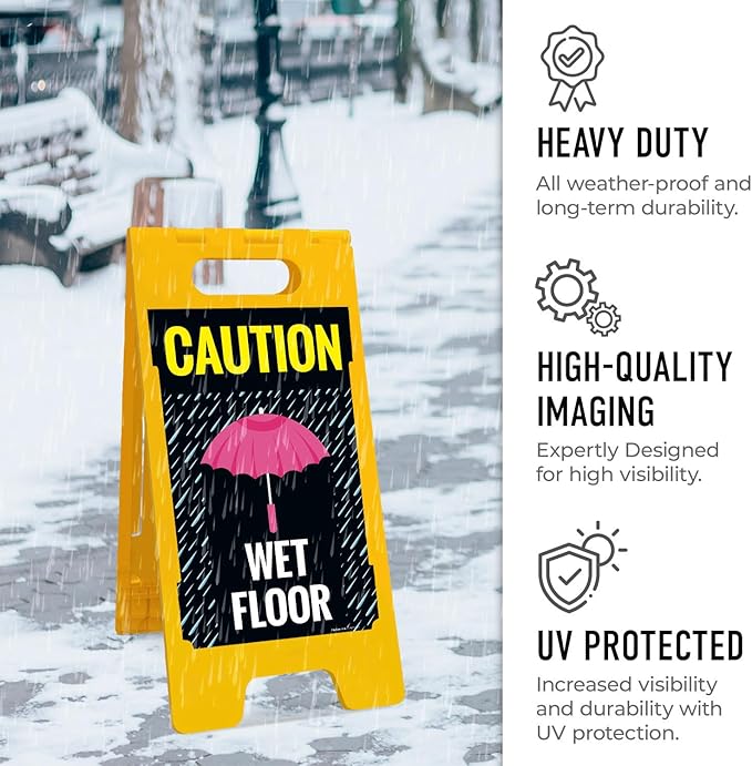Caution Wet Floor Umbrella Sidewalk Sign Kit, 10x16 Inches, with A Frame Stand, Made in USA