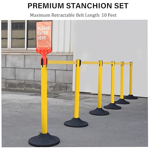 OangeStar 6 Packs Crowd Control Stanchions w/10ft Retractable Belt, Crowd Control Barriers Set w/1 Sign, Rubber Base, Ideal for High Traffic Areas, Queue Management