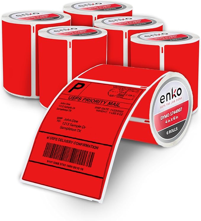 enKo Compatible Red Zebra 4x6 Label/Dymo Labels 1744907 (4 x 6) for Dymo Labelwriter 4XL Shipping Zebra Direct Thermal Printer (6 Rolls, 1320 Labels)