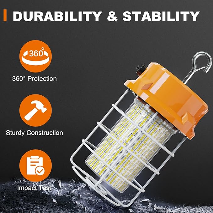 100W LED Temporary Work Light 15000lm Construction Lights 5000K Temp Light, Temp Work Lights Stainless Steel Guard Sturdy Hook Hanging for Outdoor Indoor High Bay Fixture Mine Workshop Jobsite