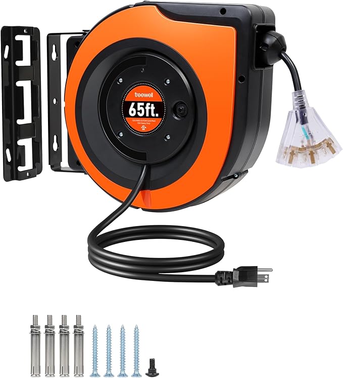 65FT Retractable Extension Cord Reel, 12AWG/3C SJTOW Heavy Duty Power Cord with Lighted Triple Tap Outlet, 15A Circuit Breaker, 180° Swivel Removable Bracket for Wall/Ceiling Mount, UL Listed