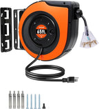 65FT Retractable Extension Cord Reel, 12AWG/3C SJTOW Heavy Duty Power Cord with Lighted Triple Tap Outlet, 15A Circuit Breaker, 180° Swivel Removable Bracket for Wall/Ceiling Mount, UL Listed