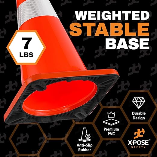 Xpose Safety 28 Inch Orange Traffic Cones with 6" & 4" Collars, 1-Pack - Multipurpose PVC Plastic Safety Cone for Parking, Soccer, Caution, Kids and Construction - DOT Approved
