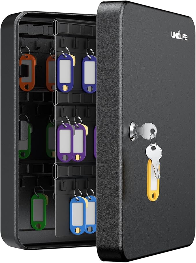 Uniclife 100 Position Key Cabinet with Key Lock Wall Mounted Black Security Storage Box Steel Key Organizer with Colorful Key Tag Labels Stickers and Hooks