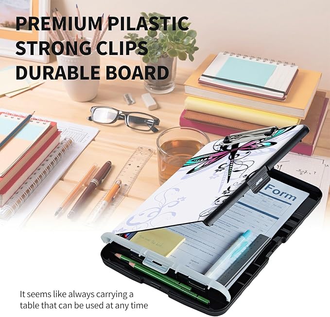 Clipboard with Storage High Capacity Plastic Nursing Clipboards with Pen Holder File Folder Storage Box Clipboard with Heavy Duty Clips for Teacher,Doctor,Offices-Dragonfly with Lotus Flower