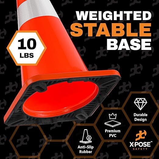 Xpose Safety 28 Inch Orange Traffic Cones Heavy Duty 10lb with 6" & 4" Collars, 8-Pack - Multipurpose PVC Plastic Safety Cone for Parking, Soccer, Caution, Kids and Construction - DOT Approved