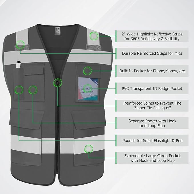 TCCFCCT Hi Vis Vest 5 Pockets High Visibility Reflective Safety Vest for Men Women, Neon Construction Vest with Horizontal Strip for Walkie-talkie and ID Card, Meets ANSI/ISEA Standards, Grey, 3XL