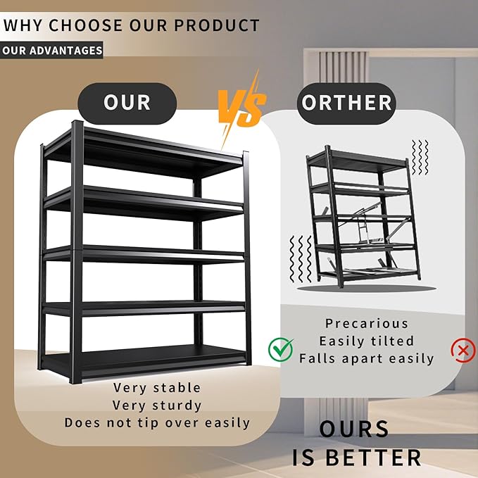 72" H/59 W Garage Shelving Heavy Duty Storage Shelves Adjustable Garage Shelves 5 Tier Metal Shelving Unit Utility Rack Shelf for Kitchen Warehouse Pantry Storage, Black, 72" H x 59" W x 20" D