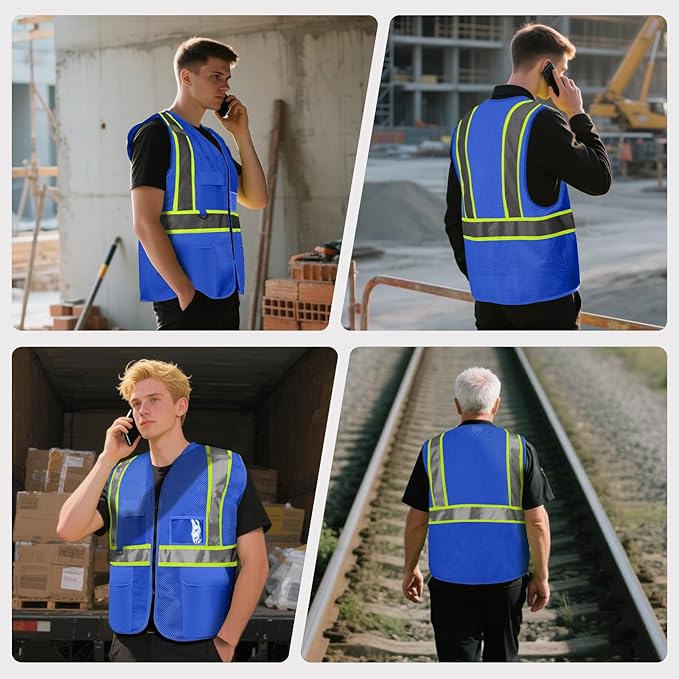 Safety Vest Customize Logo with 5 Pockets & Zipper Reflective High Visibility Vest Class 2 Outdoor Workwear