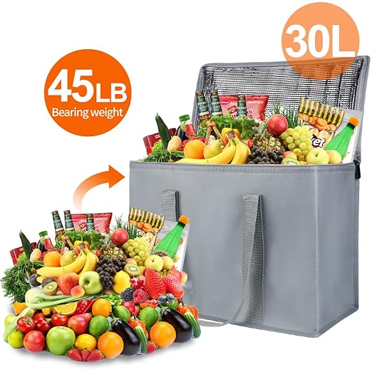 Bodaon 10-Pack Insulated Reusable Grocery Shopping Bags, X-Large Picnic Cooler Bag Secure Top Cold, Insulated Food/Pizza Delivery Bag, Commercial Food Warmers Thermal, Grey