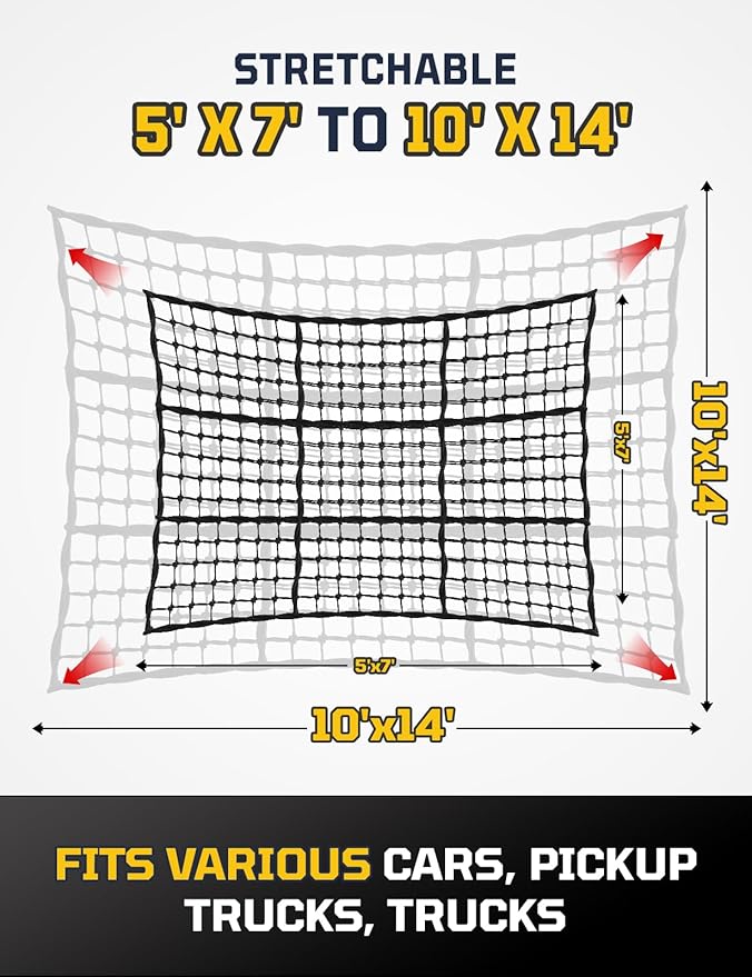 Cargo Net for Pickup Truck Bed - Stretchable 5' x 7' to 10' x 14' with 4" x 4" Mesh, Heavy Duty 10mm Cord Bungee Bed Netting with 12 Metal Carabiners - Ideal for ATV, SUV, UTV and Truck