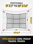 Cargo Net for Pickup Truck Bed - Stretchable 5' x 7' to 10' x 14' with 4" x 4" Mesh, Heavy Duty 10mm Cord Bungee Bed Netting with 12 Metal Carabiners - Ideal for ATV, SUV, UTV and Truck