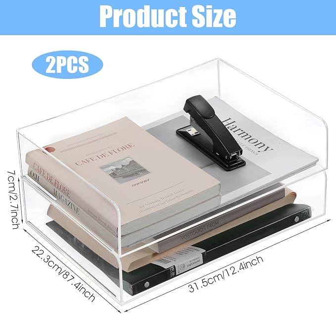 2 Pack Stackable Acrylic Paper Organizer Tray Clear Desk Letter Tray for Office A4 Size Clear Workspace Office Supplies Organizers Transparent Document Sorter