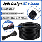 250FT Split Wire Loom Tubing, 1/2 Inch Wire Protector Tubing, Automotive Wire Flexible Conduit Cord Covers with 20 Cable Ties for Automotive Marine RV Agriculture Electrical Cable Protection